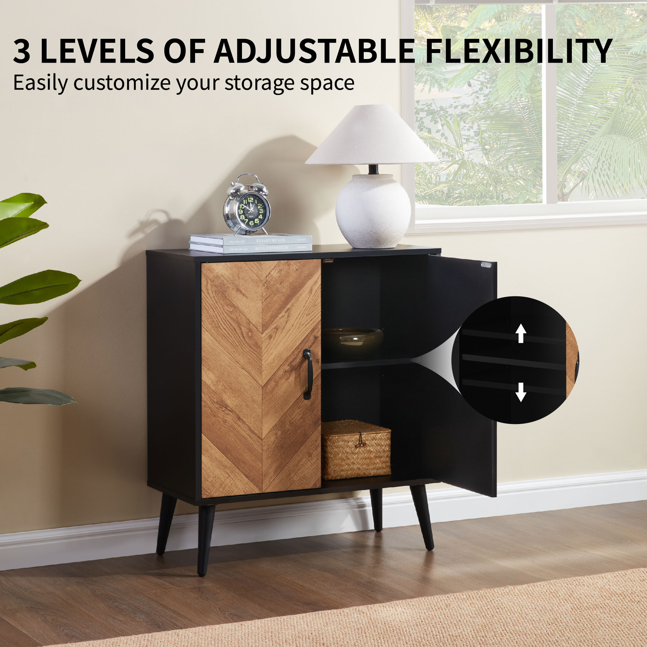 Accent Cabinet With Adjustable Shelf, Kitchen Storage Cabinet With Herringbone Design, Black Sideboard For Living Room, Kitchen, Entryway_voghion.com